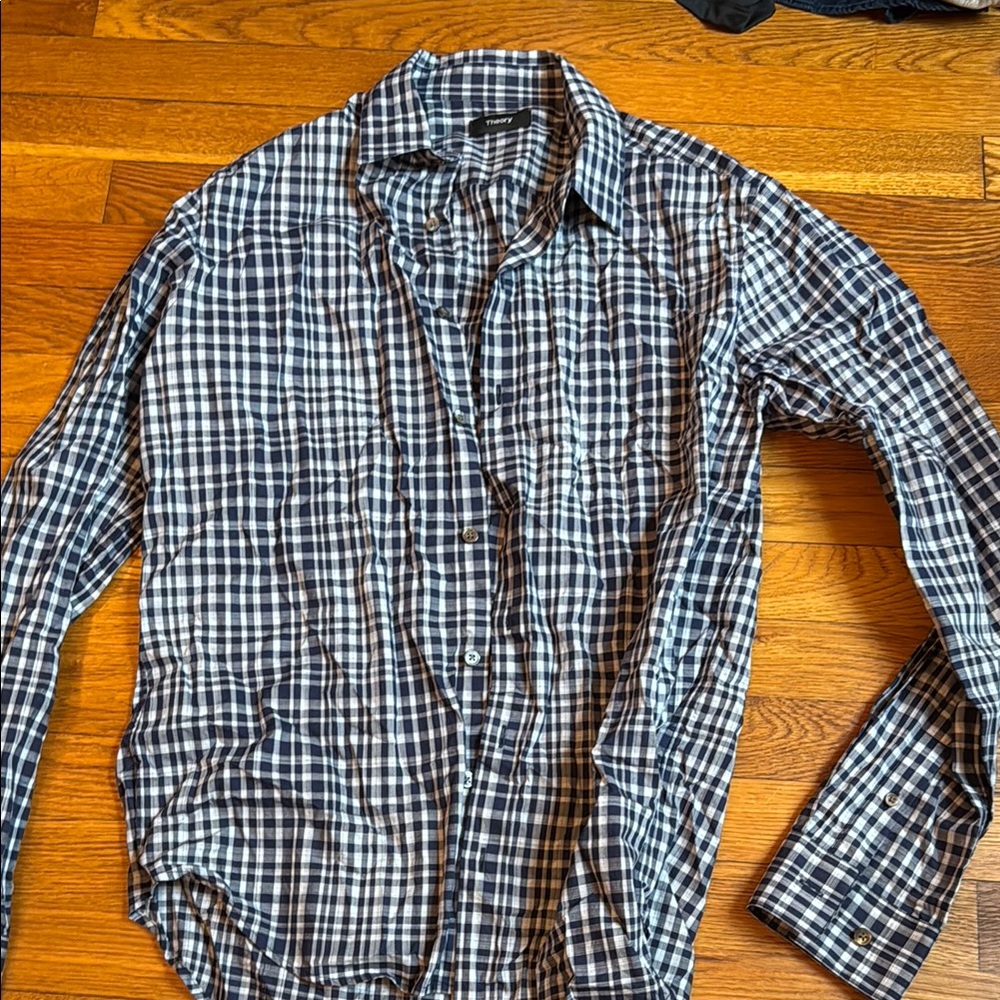 Blue and White Casual Button Down Shirt with Checkered Pattern